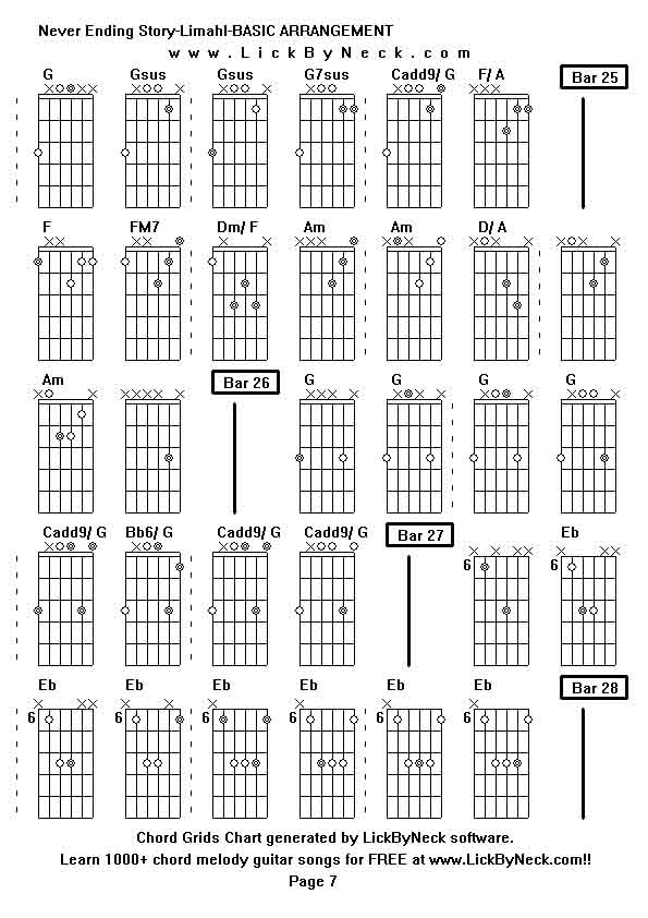 Chord Grids Chart of chord melody fingerstyle guitar song-Never Ending Story-Limahl-BASIC ARRANGEMENT,generated by LickByNeck software.